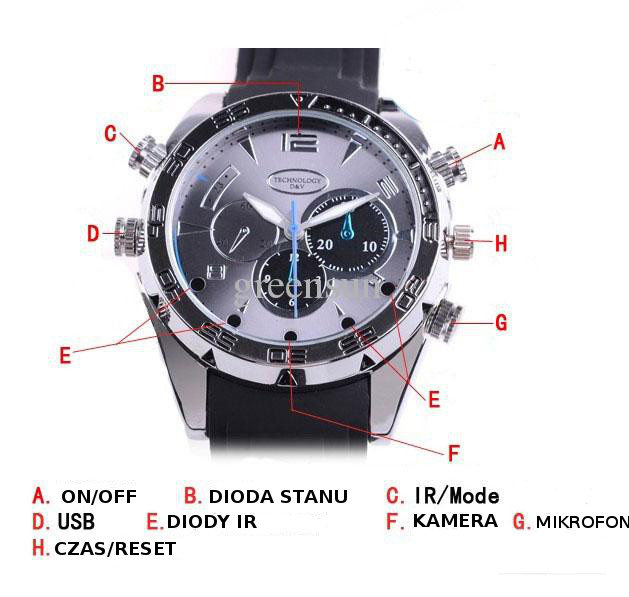 Szpiegowski ZEGAREK UKRYTA KAMERA NOC FULL HD 16GB Model IR