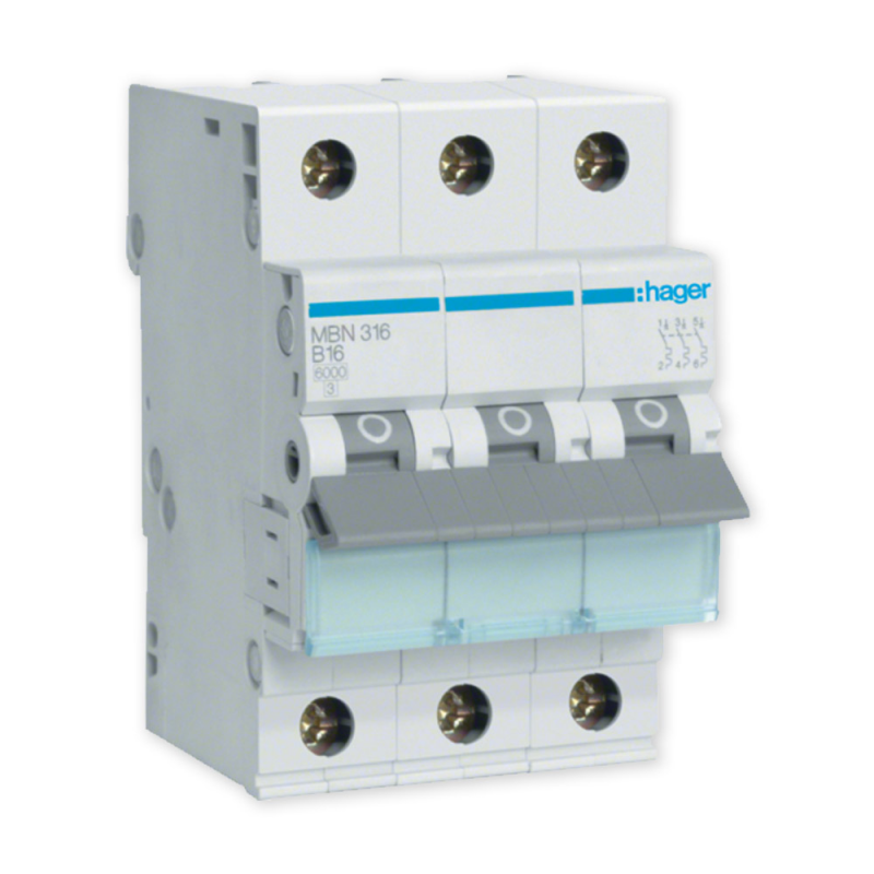 

Hager Wyłącznik Nadprądowy 3P B 16A 6kA Ac MBN316E