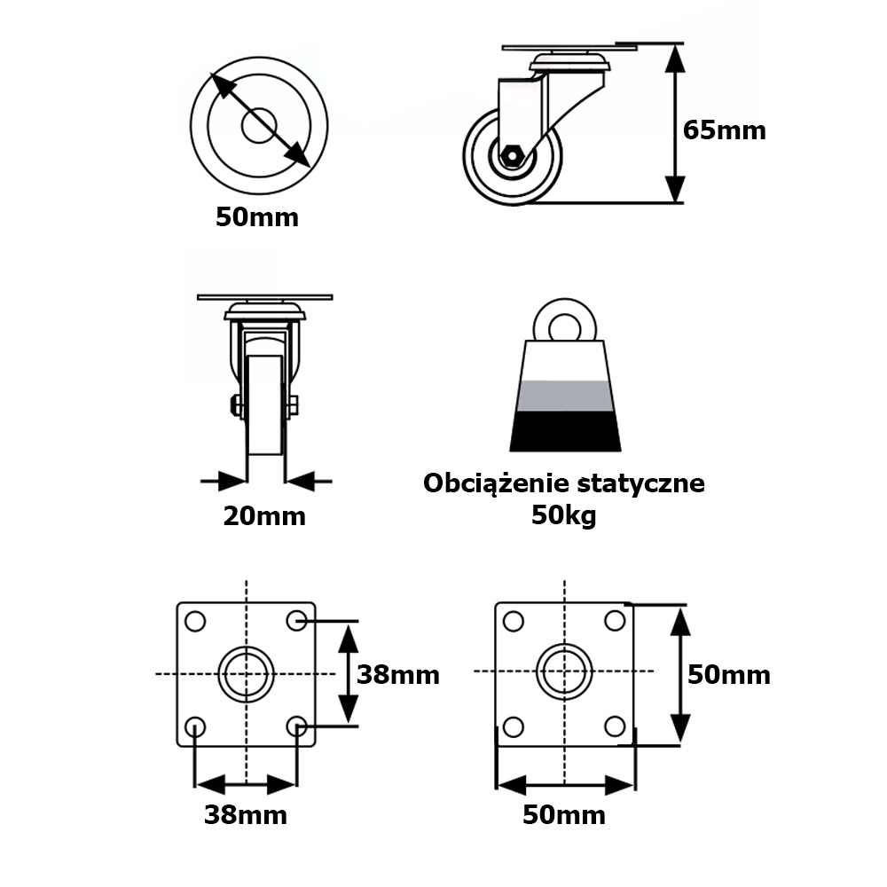 Kółko meblowe kauczuk fi50 czarne z hamulcem Kod producenta 08.12.303