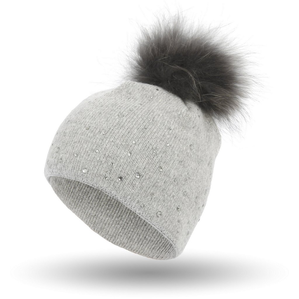 

W320B Czapka Z Kaszmiru Pompon Jenota Jasnoszara