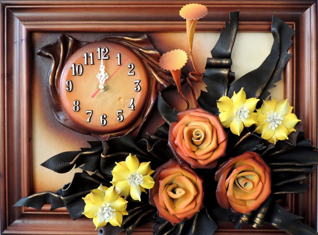 Obraz Zegar ze skóry 2w1, Kwiaty