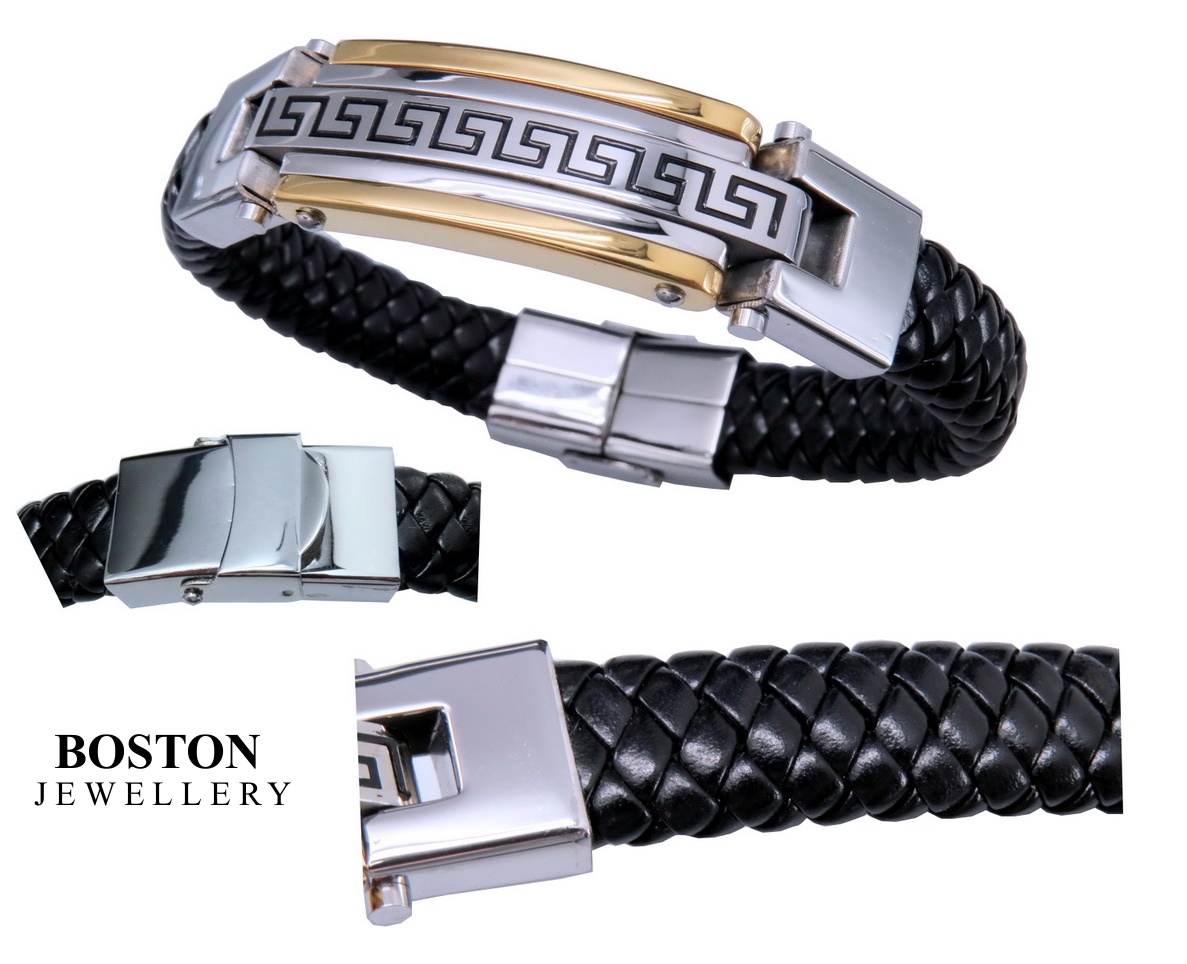 GRUBA SKÓRZANA BRANSOLETA BRANSOLETKA MĘSK STAL CHIRURGICZNA SKÓRA ORYGINAŁ Marka Boston Jewellery