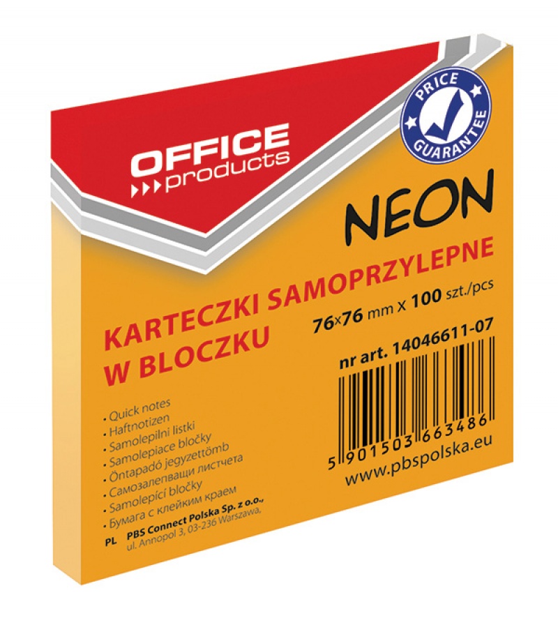 

Bloczek Samoprzylepny 76x76mmX100 Neon Pomarańcz