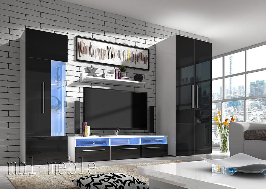 MEBLOŚCIANKA SZARY POŁYSK z LED + SZAFA UBRANIOWA Kolor frontów szary