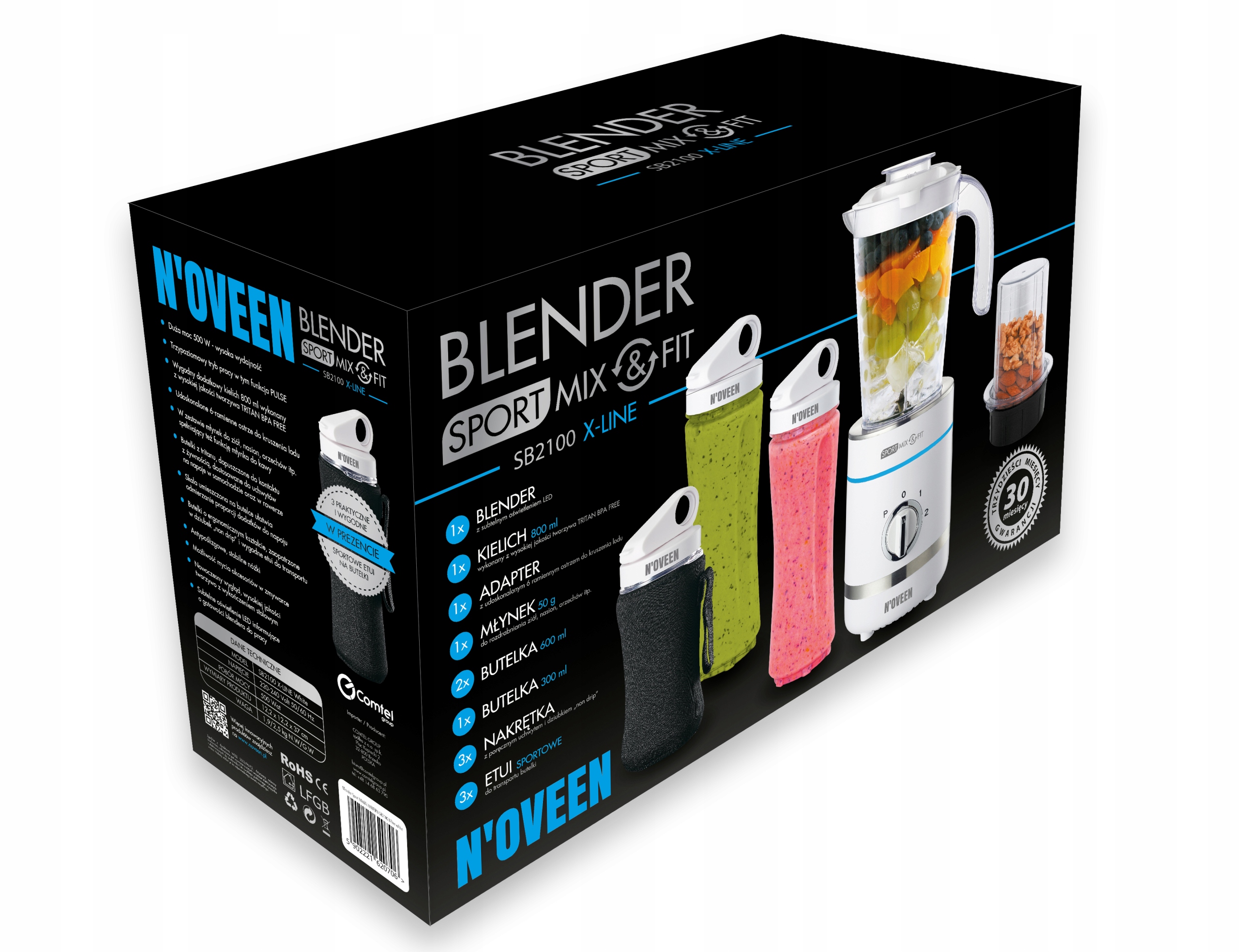 NOVEEN SB2100 KALICHOVÝ MIXÉR NA SMOOTHIE KOKTEJLY 3x LÁHEV + MLÝNEK Jmenovitý výkon 500 W