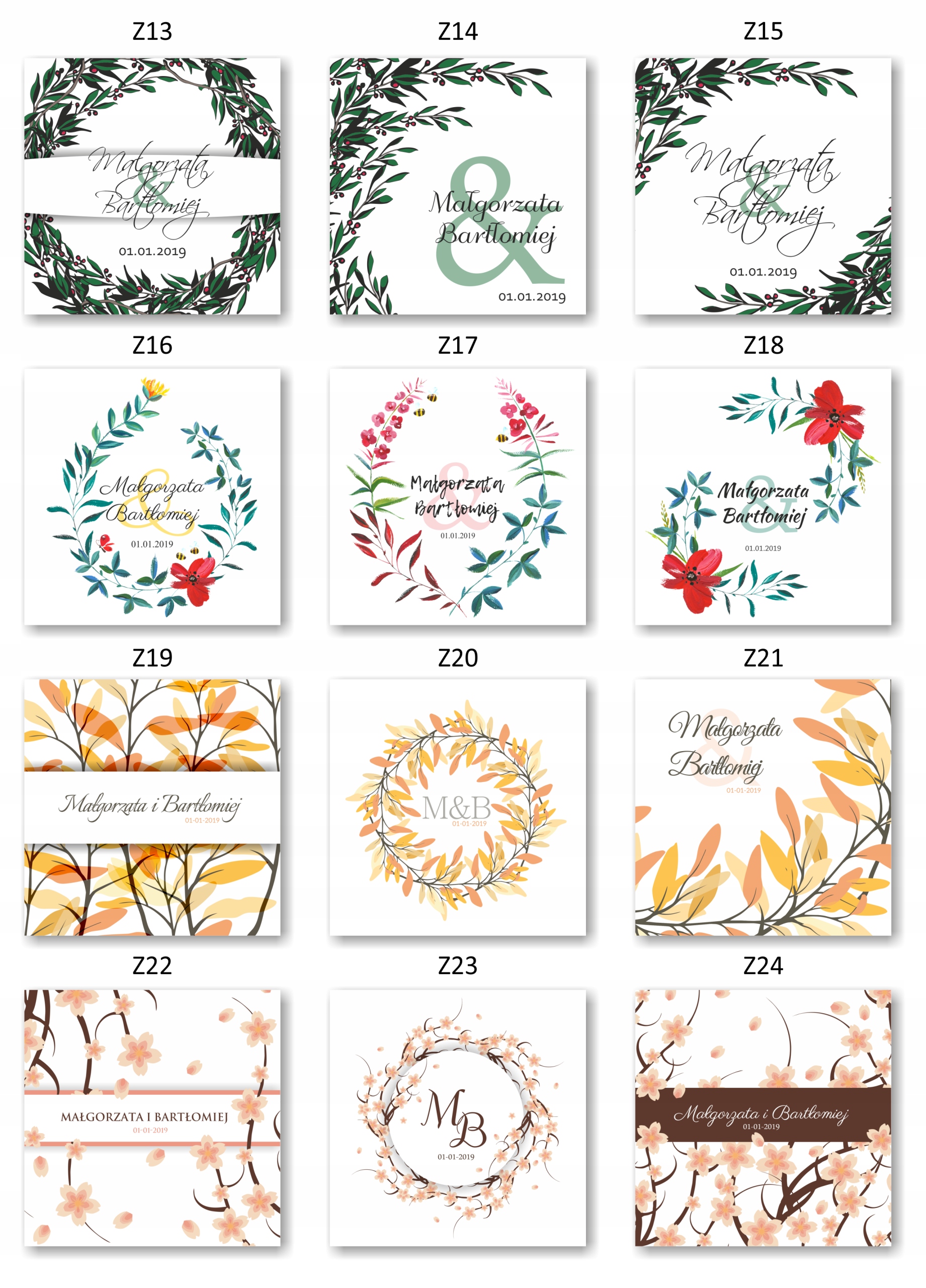 ZAPROSZENIA ŚLUBNE RUSTYKALNE Boho Kwiaty Wianki Kształt kwadratowy