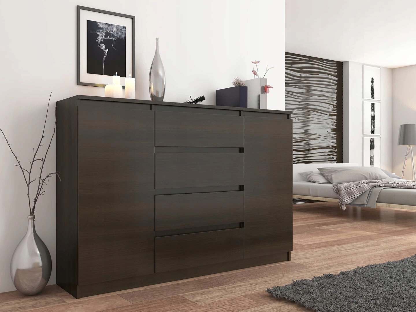 Modna KOMODA 140 SZAFKA 4 SZUFLADY 2 PÓŁKI Wenge Szerokość mebla 140 cm