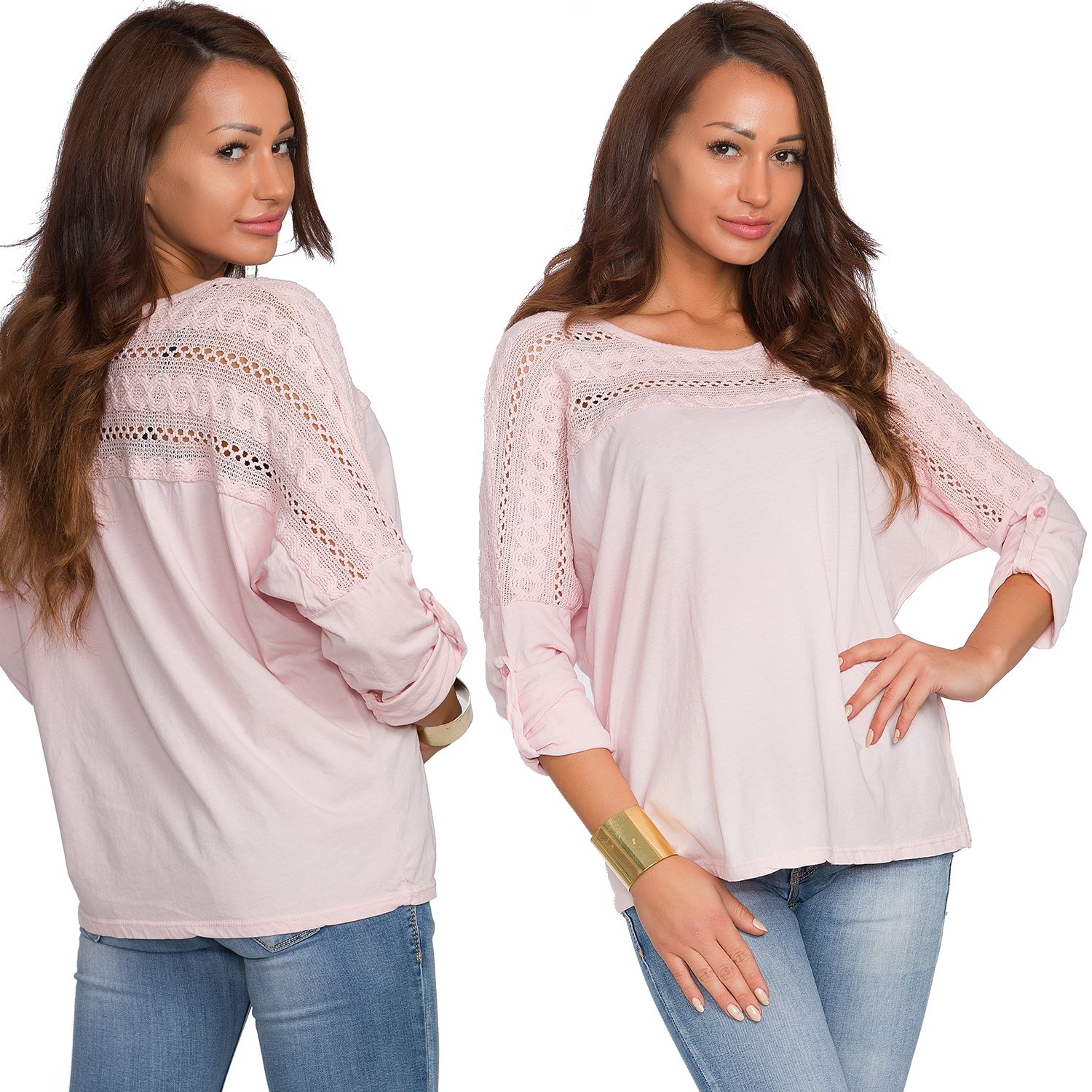 

482__roz.M/L__BLUZKA Z Ażurowymi Rękawami