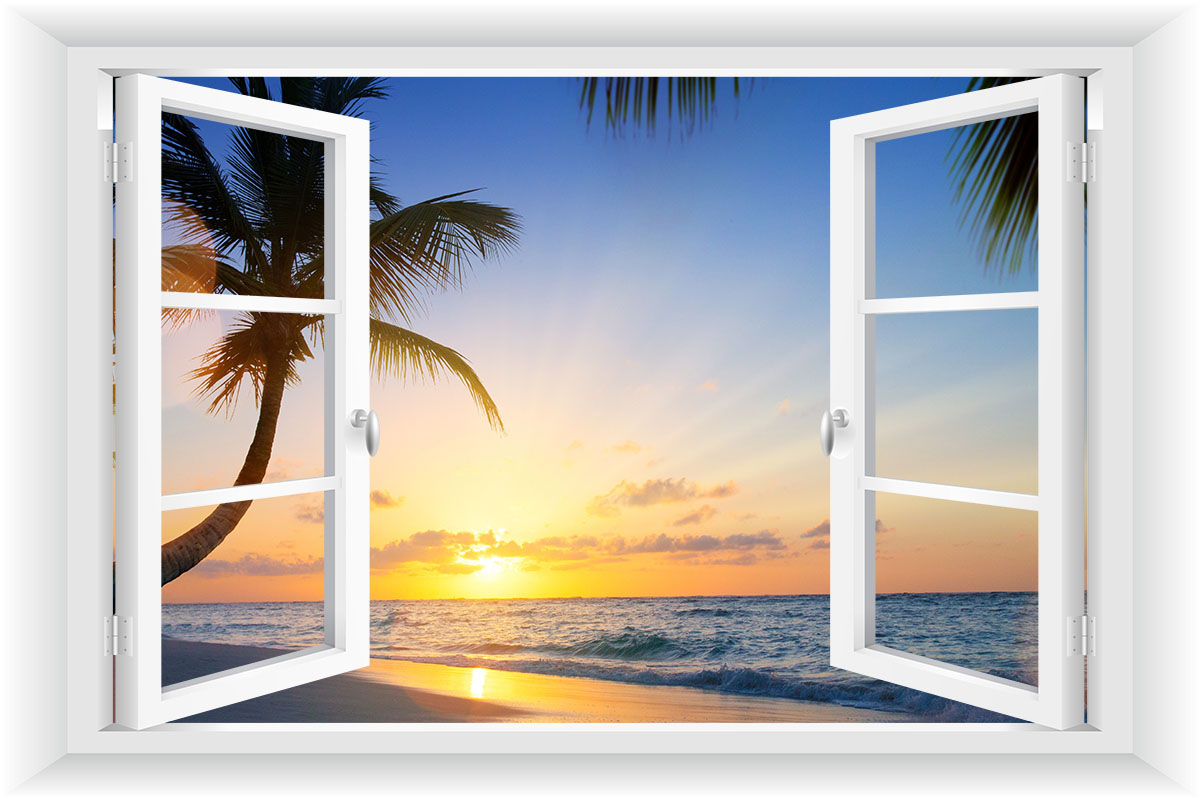 

Fototapeta Okno 3D Palmy Drzewa Ocean WIDOK150x100