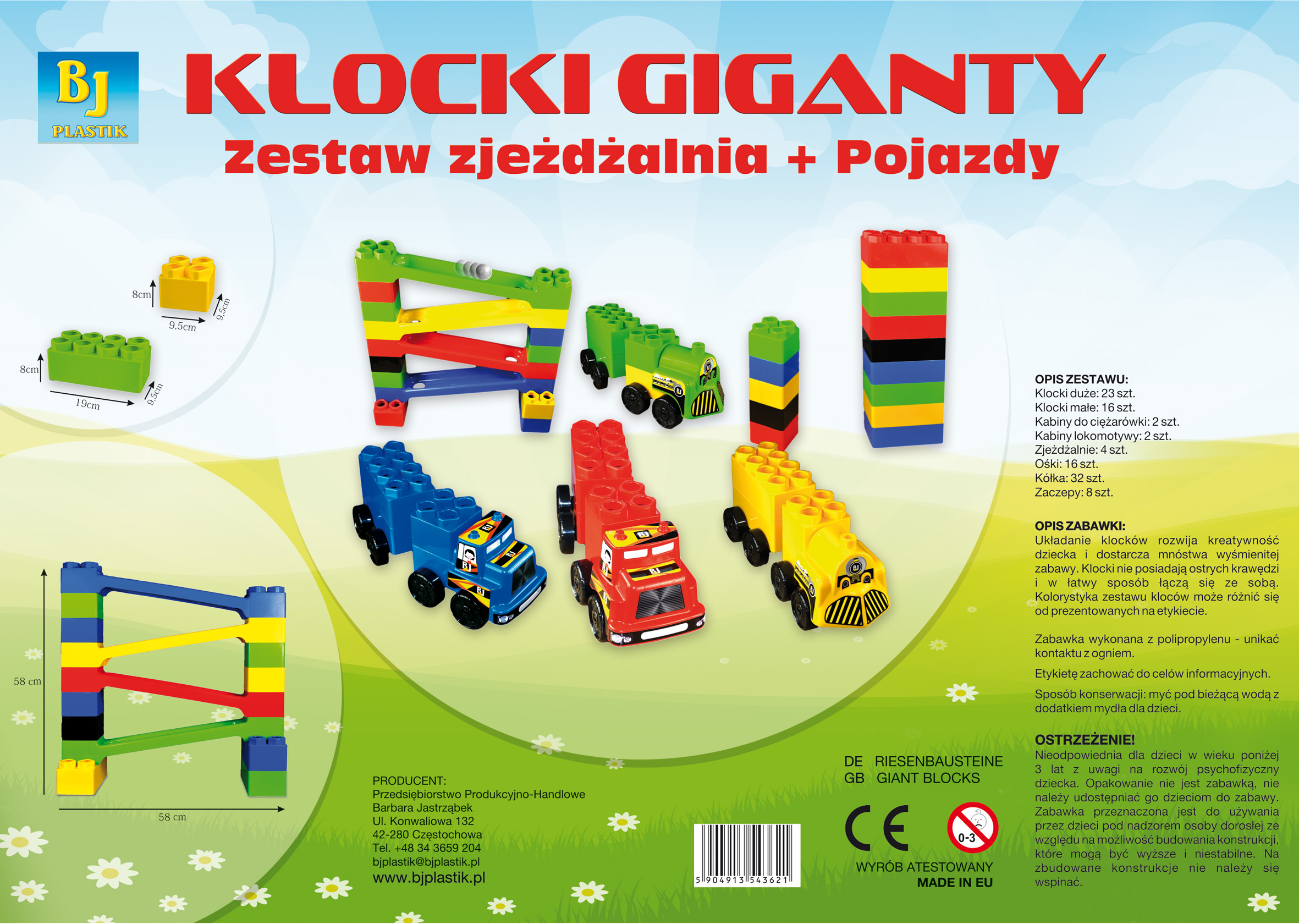 Polskie MEGA Klocki GIGANTY cegły + kółka 103 el. Wiek dziecka 3 lata +