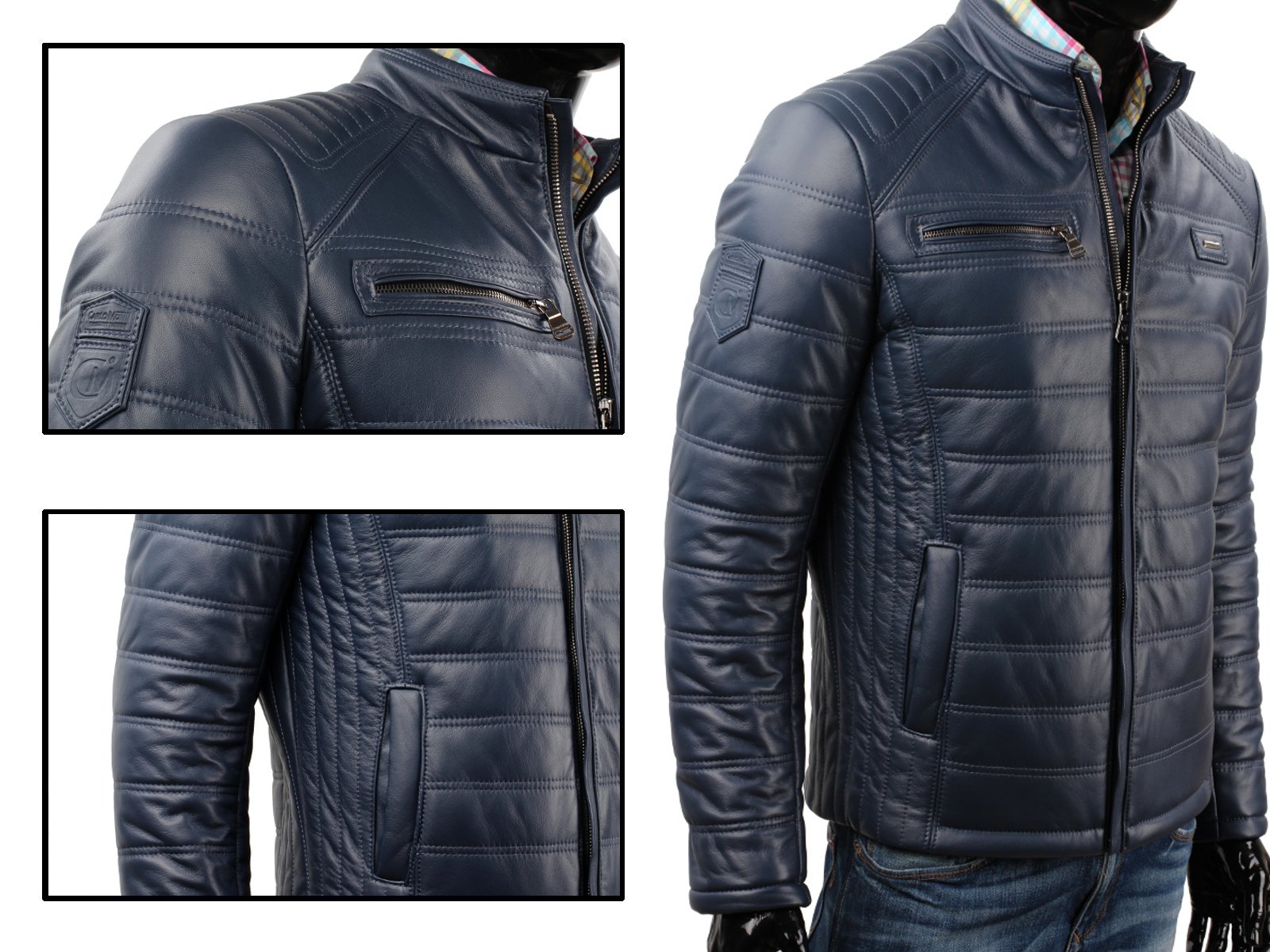 Kurtka Skórzana Pikowana Męska DORJAN LUI074 M Kolor niebieski