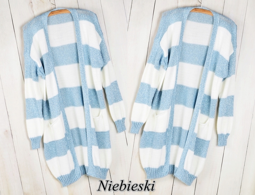 718 KARDIGAN NARZUTKA SWETER PASY POŁYSKUJĄCE Marka Modaistyl