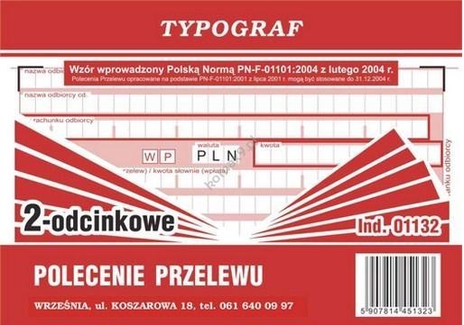 

Polecenie przelewu A6 2-odcinkowe Typograf 01132