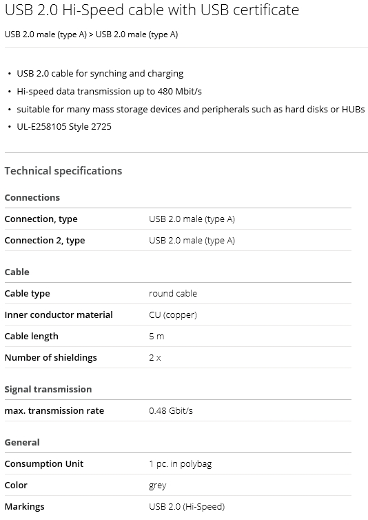 Kabel USB 2.0 AA szary USB-A / USB-A długość 5m _ [1szt] Kod producenta USB 2.0 AA