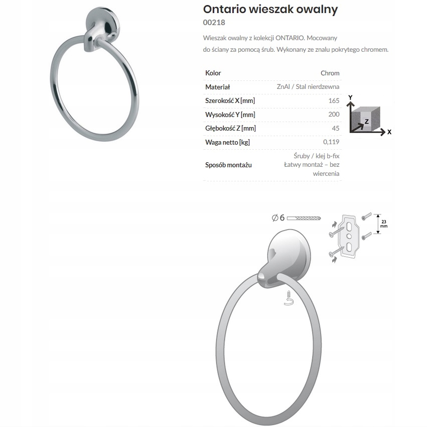 ONTARIO BISK WIESZAK OWALNY CHROM 00218 Marka Bisk