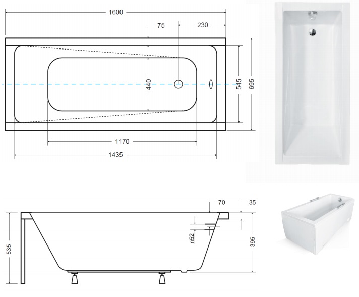 WANNA PROSTOKĄTNA AKRYLOWA BESCO MODERN NOGI 160 Krótszy bok 70 cm