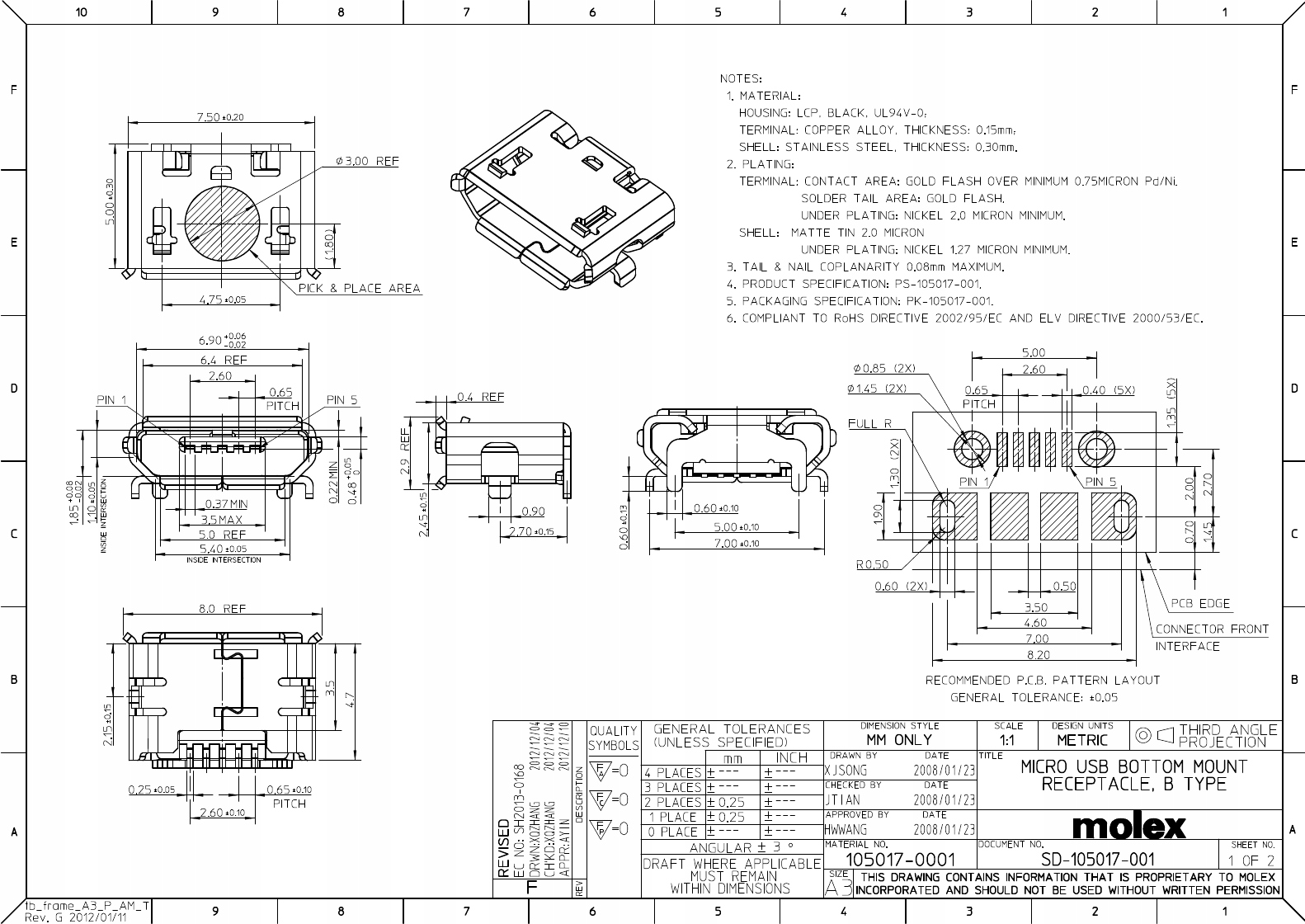 Gniazdo micro USB B 5-pin PCB tablet MX-105017-000 Kod producenta MX-105017-0001