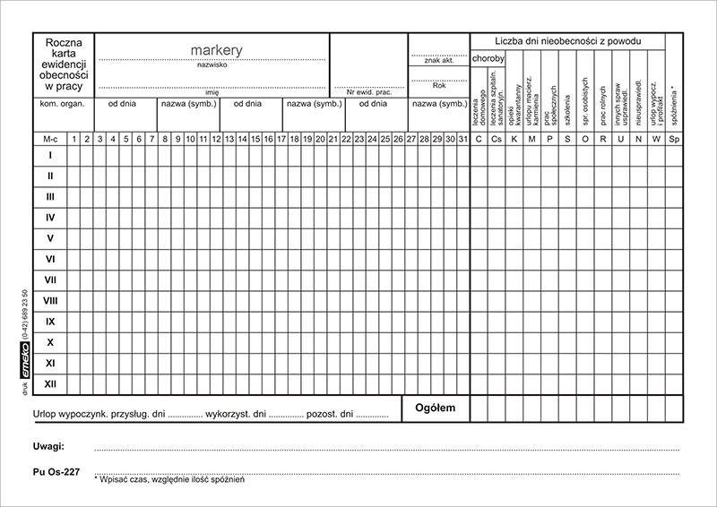 Druk Roczna Karta Ewidencji Obecności A5 6234405748 Oficjalne Archiwum Allegro 3033