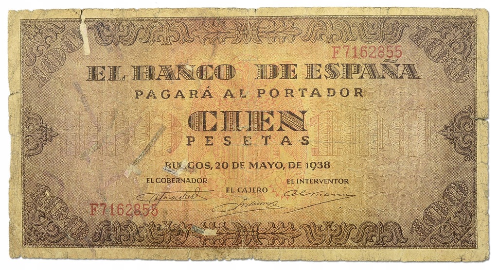 19.Hiszpania, 100 Peset 1938 rzadki, St.3/4+