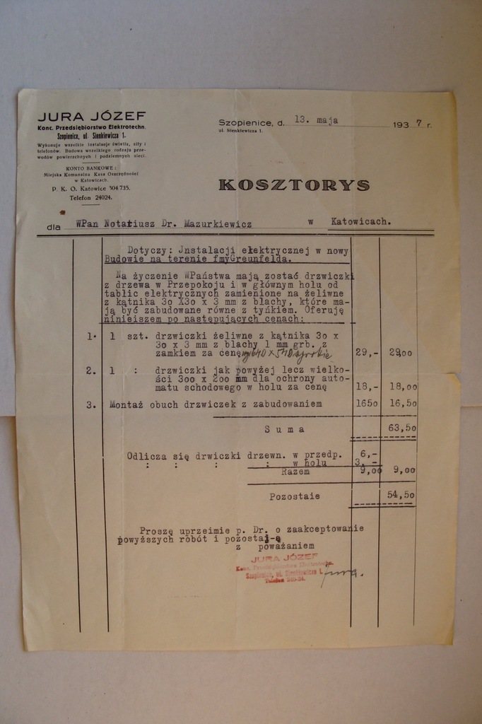 SZOPIENICE KOSZTORYS INSTALACJI ELEKTRYCZNEJ 1937