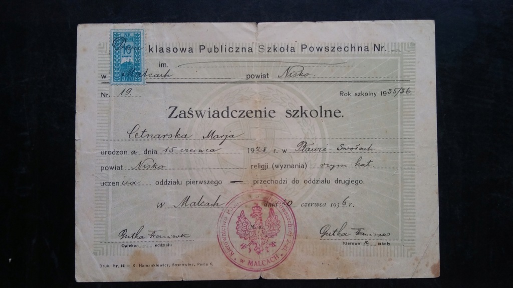 Malce Nisko świadectwo szkolne 1936 r.