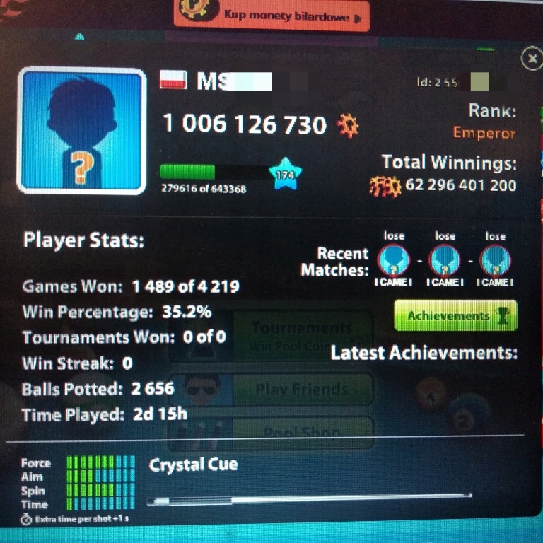 8 ball pool konto 174 lvl, 1 mld coins, 307$ wow