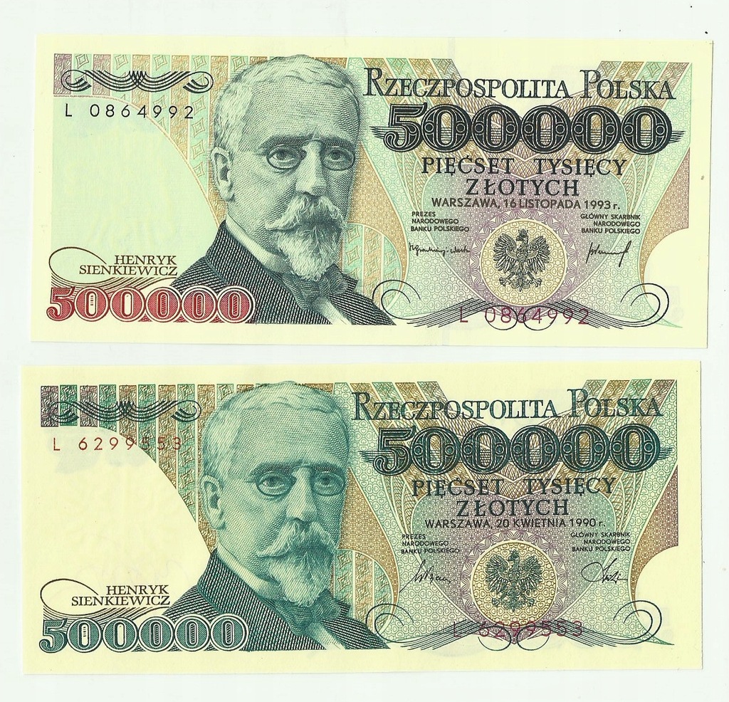 2 X 500000 złotych 1990 seria L + 1993 seria L