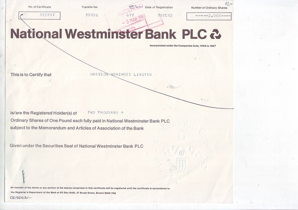 National Westminster Bank PLC, 2000 akcji 1982