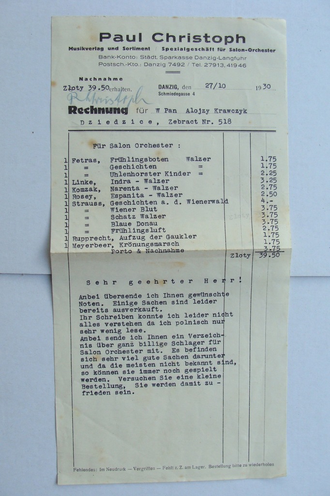 DANZIG GDAŃSK SKLEP MUZYCZNY przedw. RACHUNEK 1930