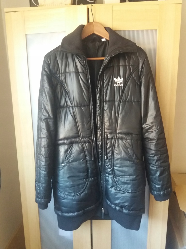 Pikowany płaszcz długa kurtka Adidas grafit S