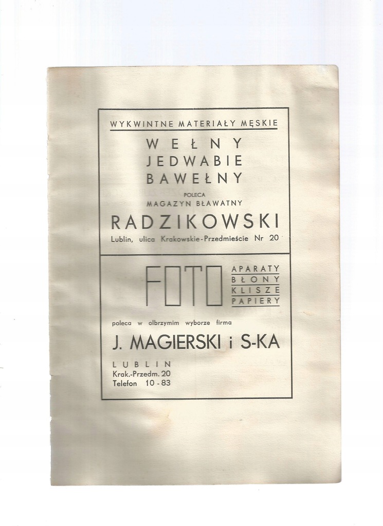 Lublin przedwojenne reklamy 2 kartki katalogu 1938