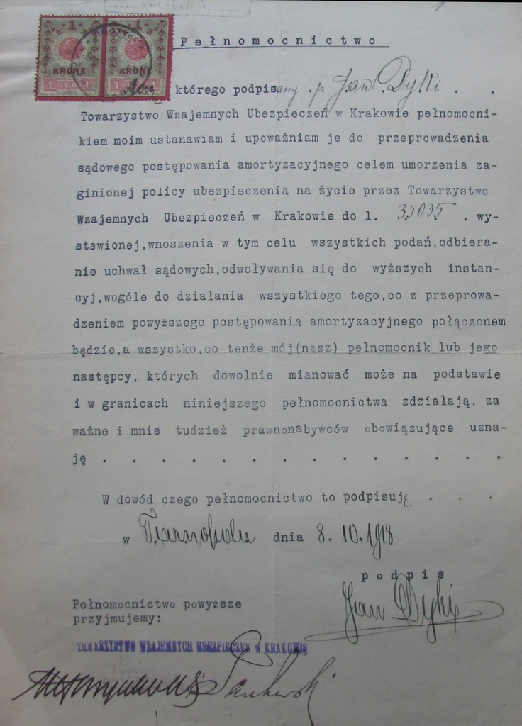 PEŁNOMOCNICTWO .TARNOPOL ,1918 [KRESY]