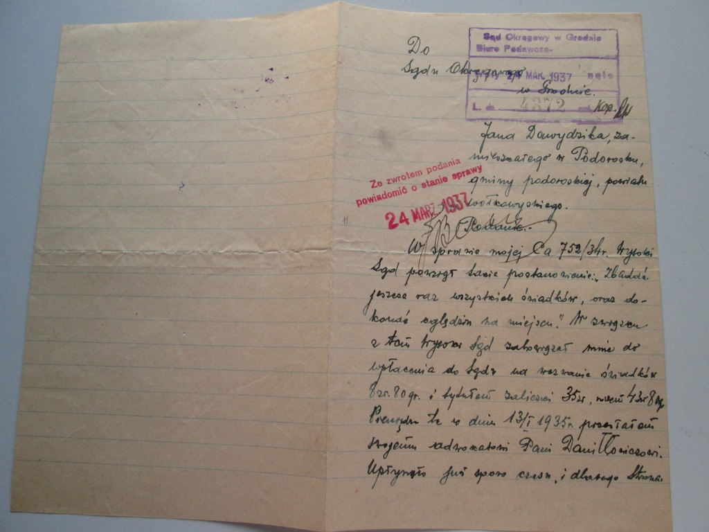 SĄD OKRĘGOWY GRODNO 1937r PODOROSK POW.WOŁKOWKYSK 