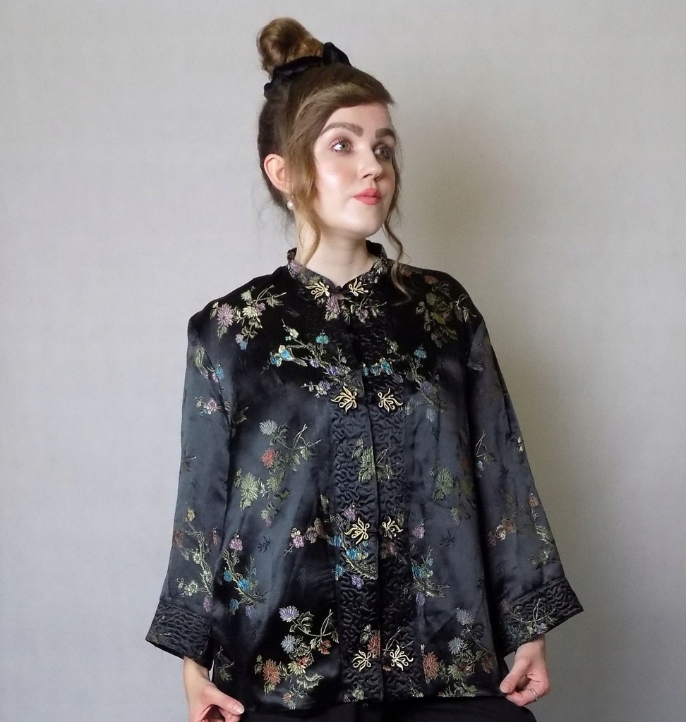100 % jedwab kimono czarna kurtka żakiet orient