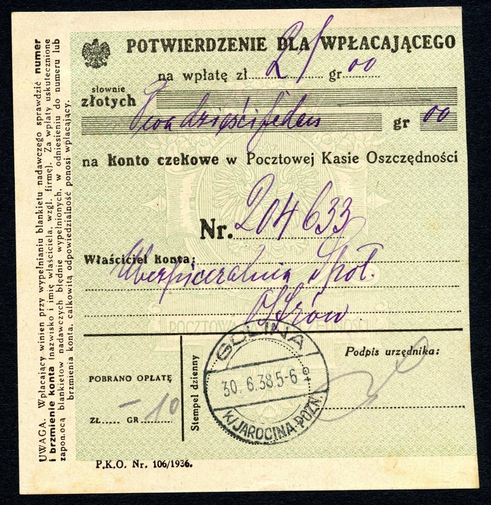 PMW Golina 1938 Dowód nadania przekaz pocztowy