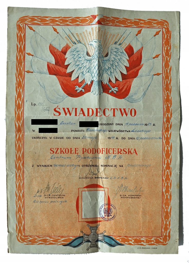 Świadectwo Szkoła Podoficerska KBW Virtuti Łódź