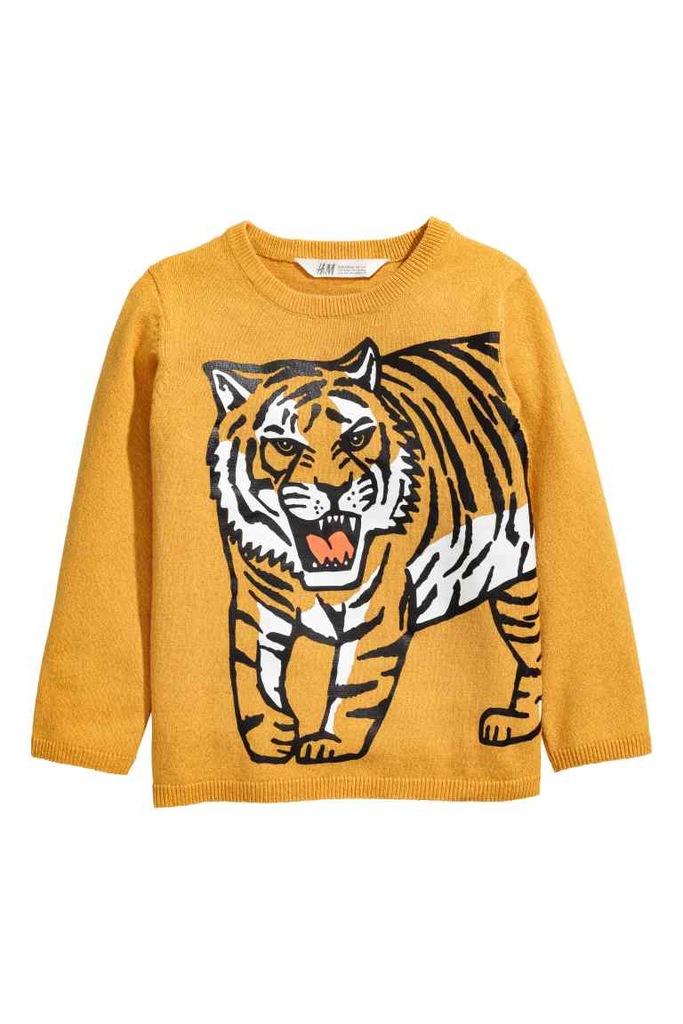 H&M sweter sweterek musztardowy tygrys 122/128