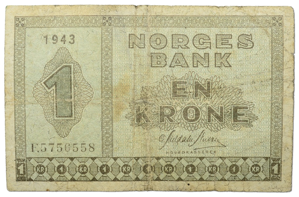 6.Norwegia, 1 Korona 1943 rzadki, P.15.a, St.3