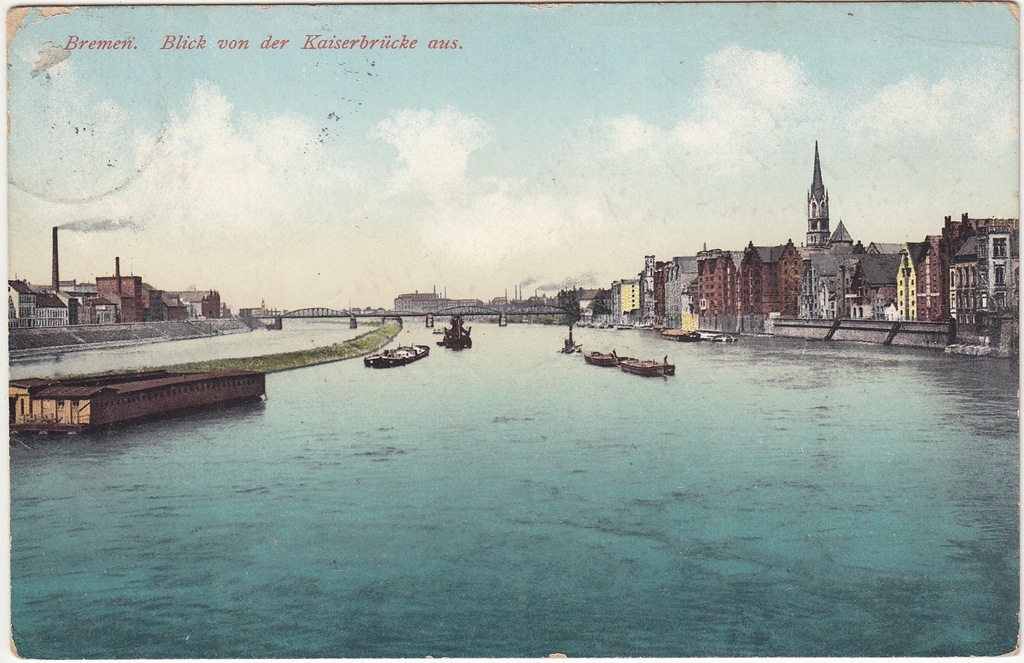 Niemcy Brema Wezera rzeka statki barki most (1914)