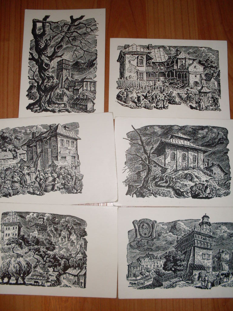 Sandomierz -pocztówki drzeworyty 