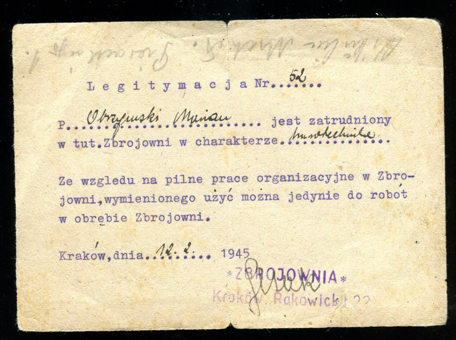 Legitymacja zatrudnienia Zbrojownia Kraków 1945