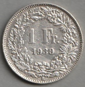 Szwajcaria / 1 frank / 1939 / srebro