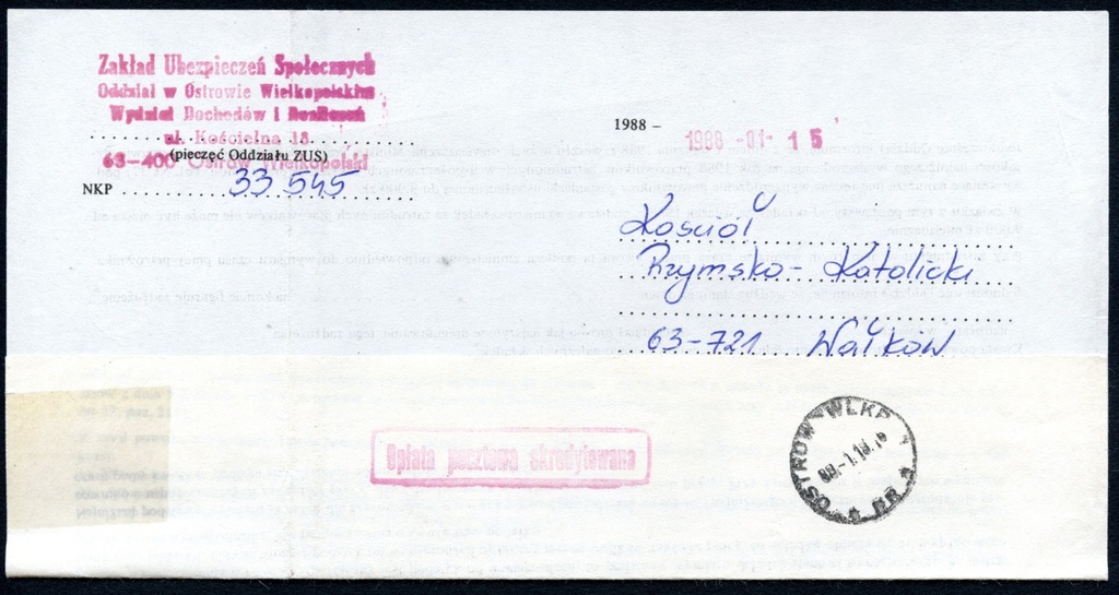 List Ostrów 1988 pismo ZUS opłata skredytowana