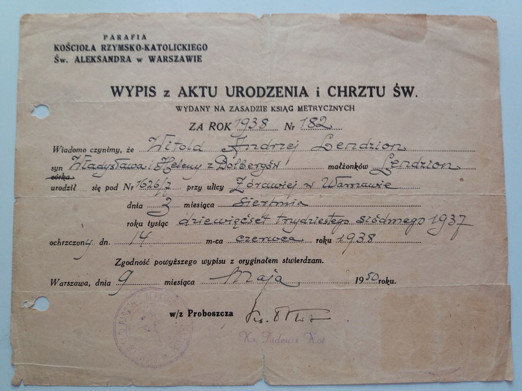 WYPIS AKTU URODZENIA i CHRZTU WARSZAWA