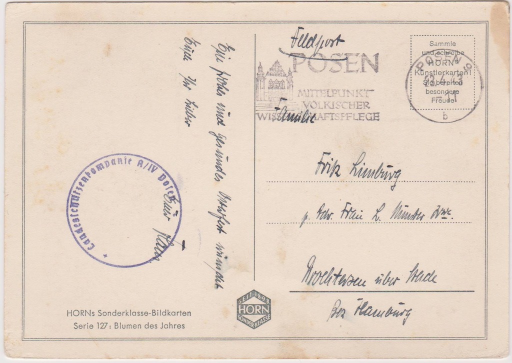 Kartaka feldpost Posen 9 Poznań - Hamburg 1943