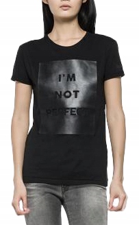REPLAY plastisol CZARNY DAMSKI T-SHIRT NADRUK XL