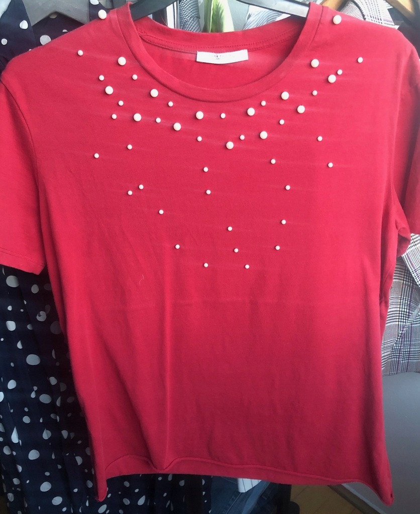 Zara t-shirt czerwony S z perełkami ozdobnymi