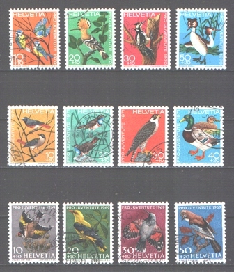 Znaczki Ptaki 3 serie kas Szwajcaria 1969/71 r