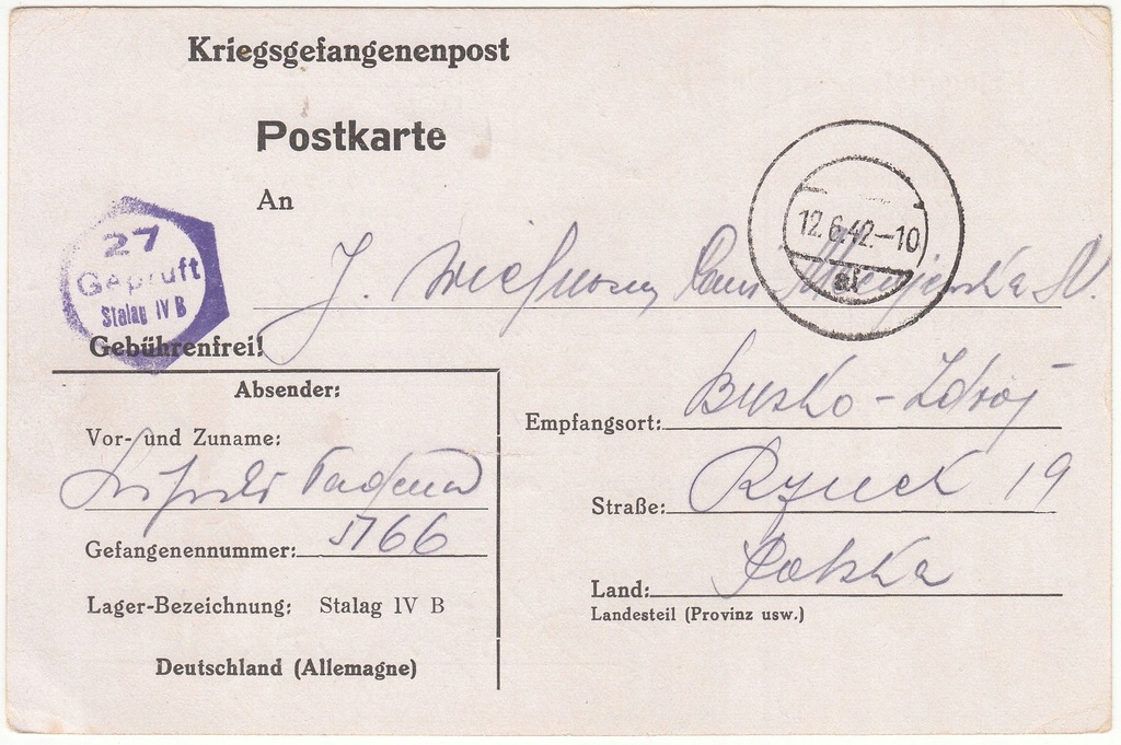 Stalag IVB Muhlberg Elbe kartka informac.1942 (184