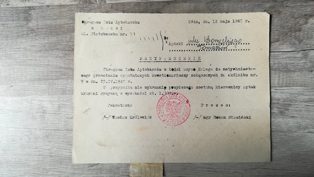 OKRĘGOWA IZBA APTEKARSKA ŁÓDŹ 1947 STEMPEL ORZEŁEK
